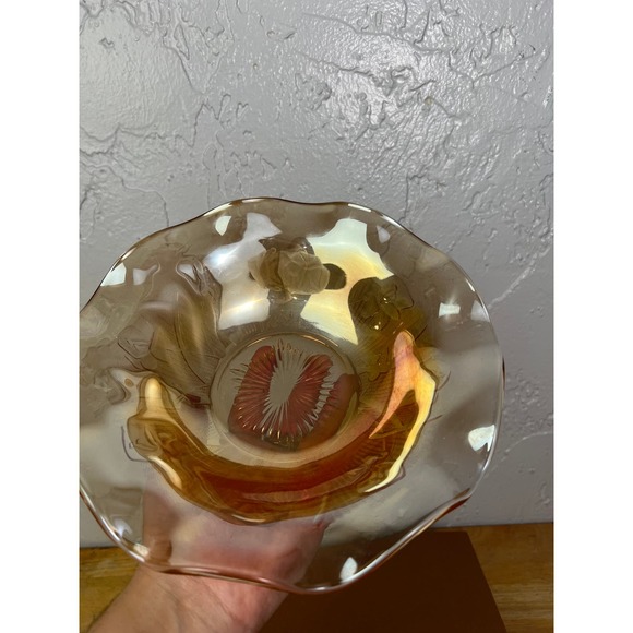 Vintage Marigold Depression Glass Iris & Herringbone Jeannette Ruffled Bowl - Picture 6 of 10
